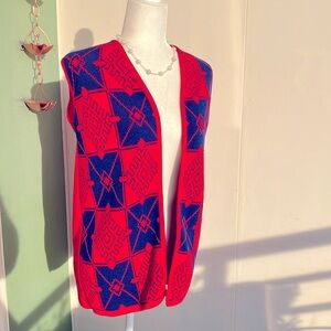 Vintage 60s 70s Red and Blue Patchwork Printed Vest